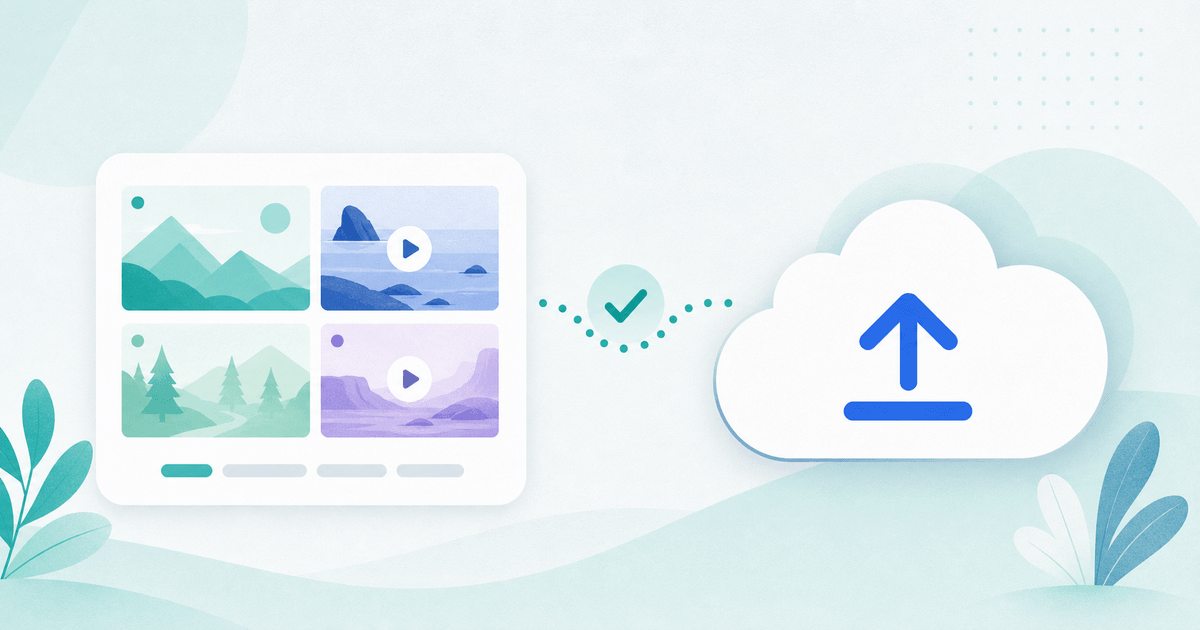 Illustration of photos and videos backing up from a phone into secure cloud storage.